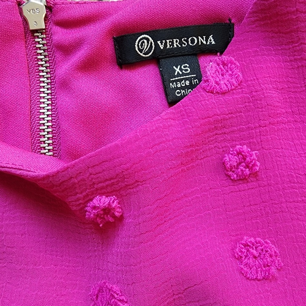 Versona Swiss Dot Shift Dress Womens XS Magenta Pink Smocked Long Sleeve Barbie - Picture 9 of 11